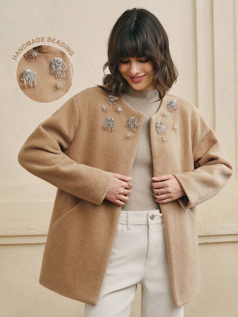 INAWLY Abrigo oversize de mujer de unicolor con cuello redondo y hombros caídos, de moda y versátil con tachuelas - Amarillo - Ver 1