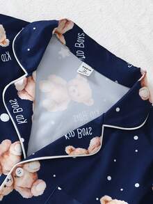 Teenage Boys' Bear Print Long Sleeve Cardigan & Pants Pajama Set Teddy Bear Pajama Set Teen Boys Pajamas-Pajama Set Button Down Collar Long Sleeve Long Pants Teddy Bear Star Print Navy Four Season 2026 New Year Essential Versatile And Comfortable Warm And Cute Style - Multicolor - View 5