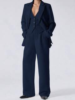 LYSMO 3-częściowy damski garnitur w kolorze granatowym z kołnierzykiem typu hollow z długim rękawem, kamizelka i spodnie, odzież jesienno-zimowa