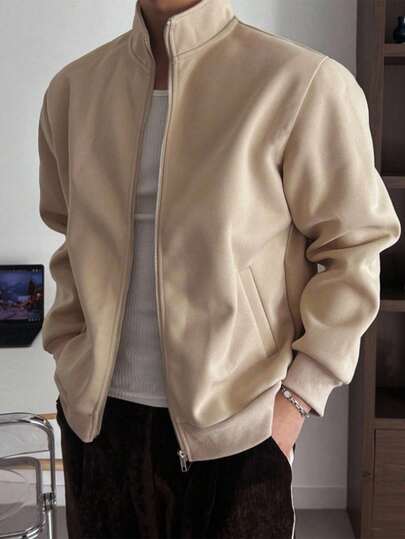 SHEIN 青少年男孩卡其色简约大码夹克，休闲学院风，舒适、时尚、百搭、面料柔软，适合日常穿着、上学、旅行、户外活动