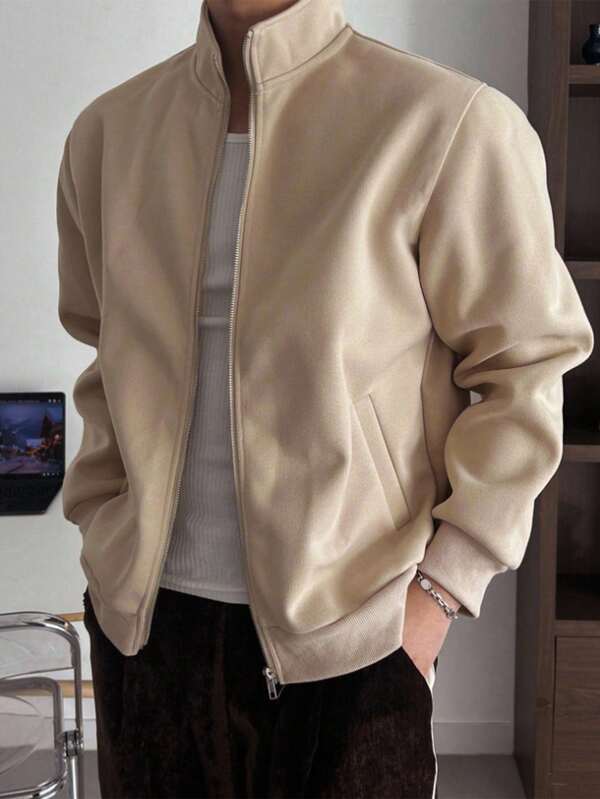 SHEIN Chaqueta grande y sencilla de color caqui para adolescentes varones, de estilo casual y universitario, cómoda, de moda, versátil, de tela suave, adecuada para uso diario, la escuela, viajes y actividades al aire libre