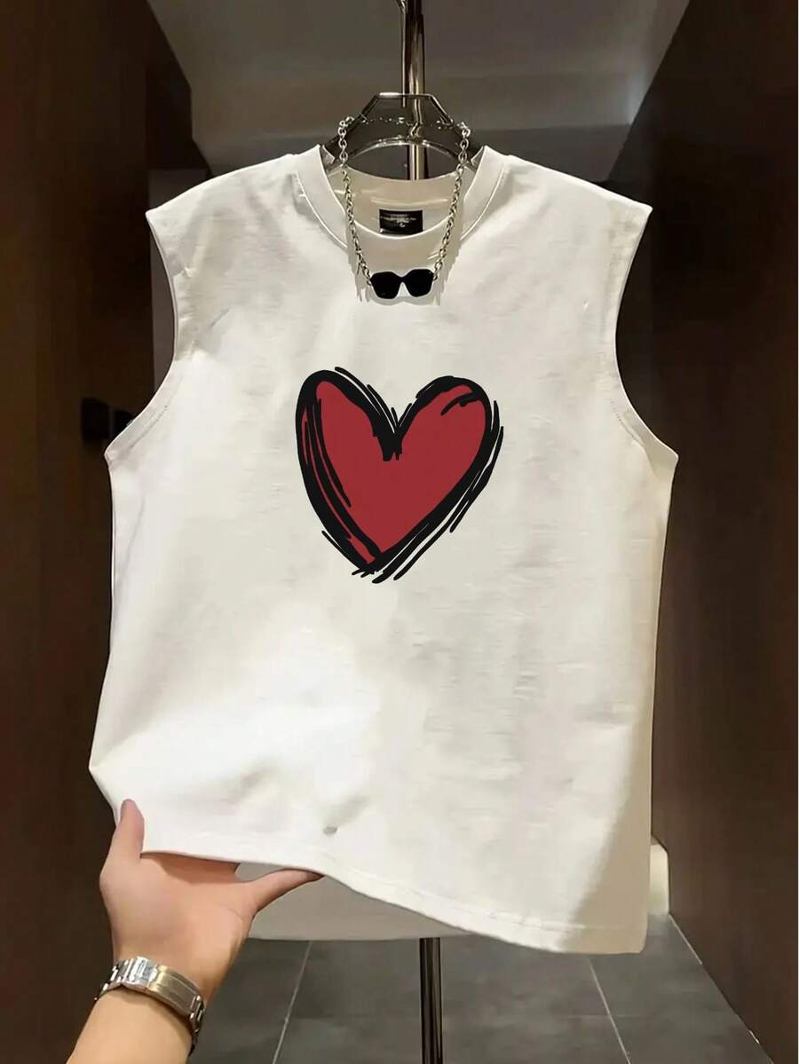 Manfinity Dauomo 男士休闲爱心印花背心，夏季 - 白色 - 查看 1