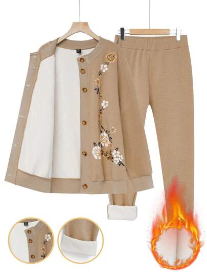 EMERY ROSE 2 件大码花卉印花羊毛夹克和裤子套装，适合秋冬季休闲装