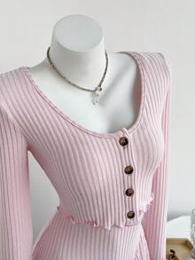 Elamini 2pcs/Set Women Ribbed Knit Cardigan & Ruched Waist A-Line Mini Dress Outfit, Pink, Spring/Autumn - Pink - View 4