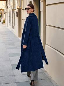 EURMUSE Maxi Cardigan With Belt Outwear Jacket Fall Winter - Navy Blue - View 5