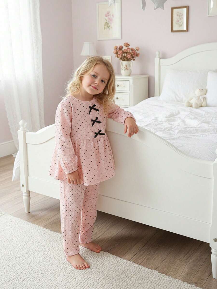 2pcs Young Girls Bubble Crinkle Print Long Sleeve Top And Pants Soft Polka Dot Bow Pajama Set, All Season - Baby Pink - View 1