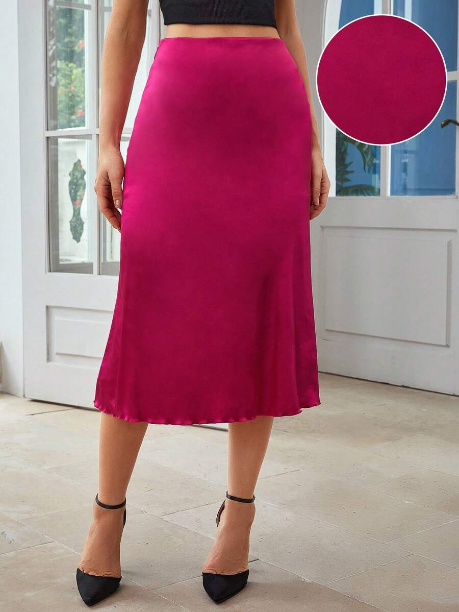 SHEIN Clasi Chân váy thời trang nữ màu trơn, cạp cao, thanh lịch, có bèo nhún. - Màu Hồng Tươi - Xem 1