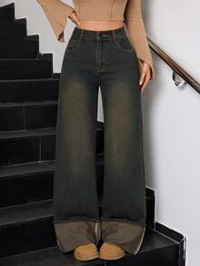 SHEIN Tall Winter Women's Casual Washed Vintage Chic Fashionable Turn-Up Hem Design Wide Leg Jeans - Dark Wash - View 6