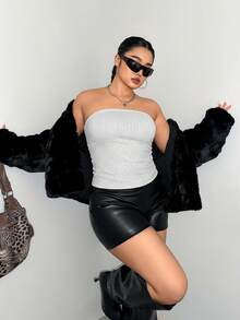 SHEIN EZwear 大码银色亮片褶皱抹胸上衣，女士加垫抹胸上衣，灰色抹胸上衣，性感秋冬、圣诞节、新年、感恩节、派对、婚礼、海滩、毕业典礼、时尚、优雅、休闲、外出、约会、预约、通勤 - 銀色 - 查看 6