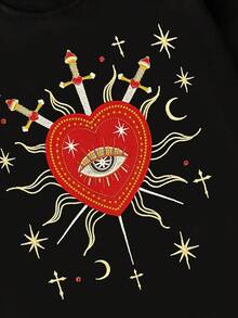 ROMWE MEN Áo thun nam tay dài cổ tròn in hình trái tim, dáng rộng, thường ngày - màu đen - Xem 3