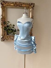 Lovelzi Elegant & Luxurious Gray-Blue Elastic Shiny Ruffle Decor Peplum Bodycon Mini Party Dress