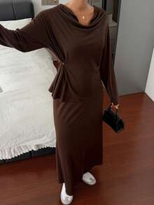DAZY Women's Solid Color Loose Collar Long Sleeve Top And Midi Skirt Casual 2-Piece Set Lounge Sets For Women - Brown - View 5