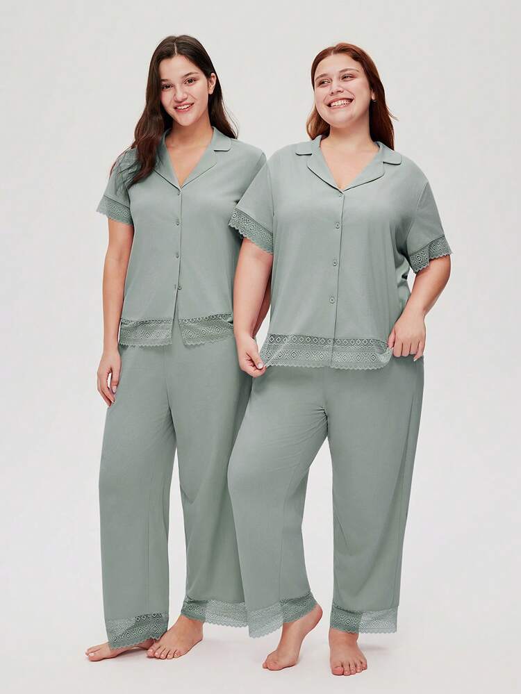 Women Lace Short-Sleeve Button-Up Top & Pants Pajama Set