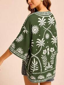 CAJUNI x Carol Peixinho Women's Vacation Tropical Print Batwing Sleeve Kimono For Beach Resort, Beach Cover Up Women, Kimono Cover Up, Green Cardigan Women, Boho Kimono, Beachwear Cover Up, Beach Kimono, Women Boho Clothing - Green - View 2