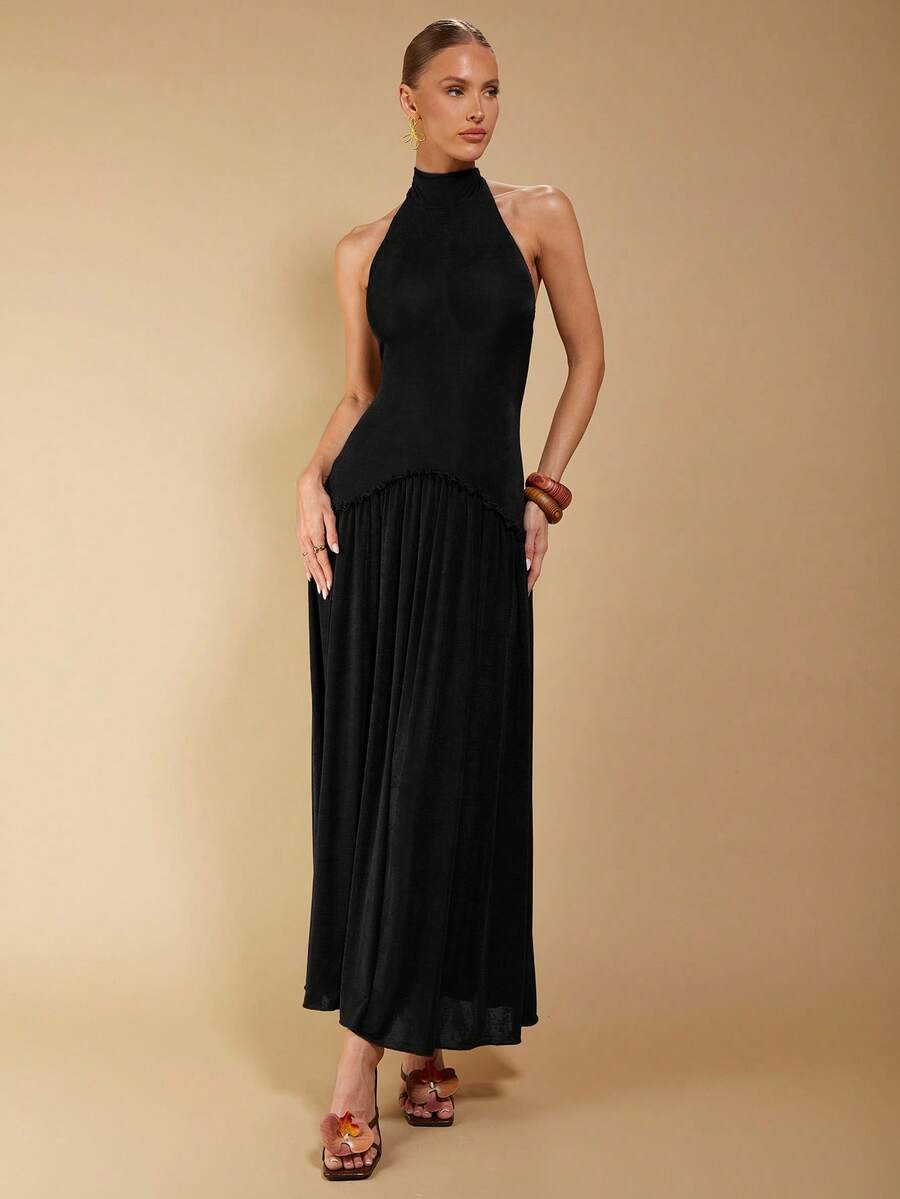 COSMINA Rochie plisată cu imprimeu halter pentru femei, culoare uni - Negru - Vizualizare 1