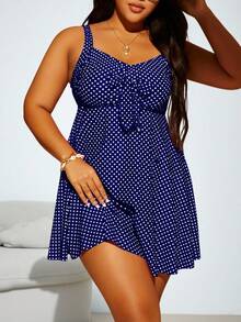 Swim Lushoire 大码女式 2 件套波尔卡圆点印花细肩带系腰 A 字形分体泳衣套装，时尚休闲度假 - 藍色 - 查看 5