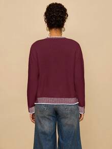 Travachic Áo len chui đầu họa tiết tôm hùm cỡ lớn dành cho nữ màu tương phản, thích hợp cho ngày lễ, mùa thu/đông - Màu Đỏ Sâu - Xem 2