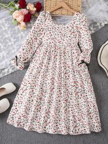 Emery Rose Kids Tween Girl Ditsy Floral Woven V-Neck Long Sleeve Fitted Casual A-Line Frenchy Dress, Autumn Winter New Arrival - White - View 2