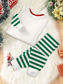 SHEIN Happikins Snug Fit Cartoon Dinosaur,Stripe Christmas Pattern Pajama Set,White Autumn Family Matching Casual Comfortable Top And Pants,All Seasons - Multicolor - View 3
