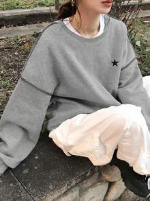 FRIFUL 女式简约休闲圆领长袖撞色图案上衣，秋季服装 - 灰色 - 查看 4