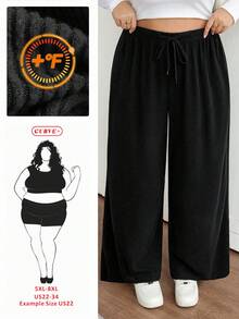 SHEIN CURVE+ Quần ống rộng màu trơn thường ngày cỡ lớn dành cho nữ, Thu/Đông, Thu, Quần nữ cỡ lớn ấm áp/2026/Năm mới - màu đen - Xem 1