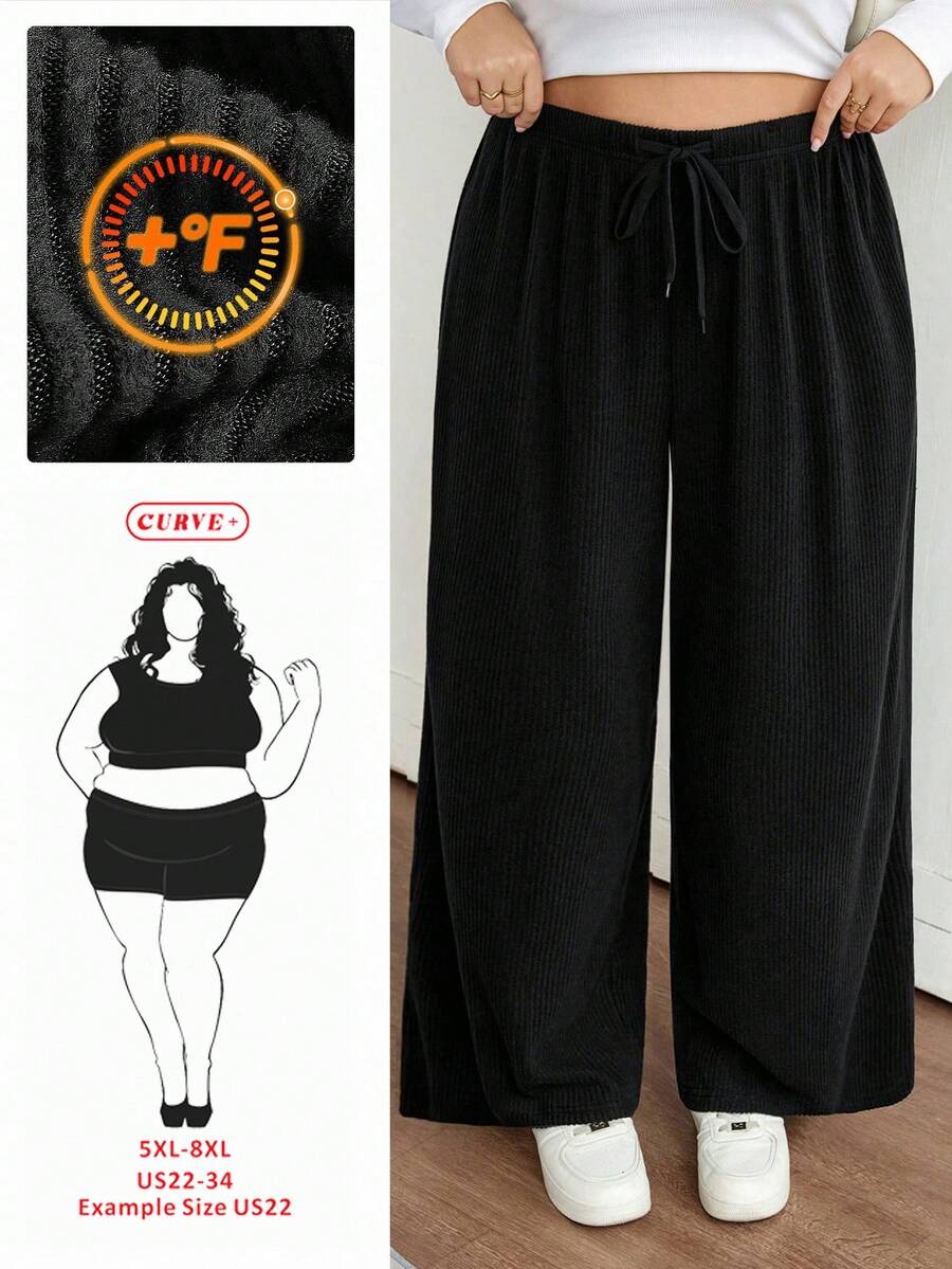 SHEIN CURVE+ Quần ống rộng màu trơn thường ngày cỡ lớn dành cho nữ, Thu/Đông, Thu, Quần nữ cỡ lớn ấm áp/2026/Năm mới - màu đen - Xem 1