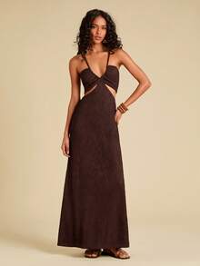 Travachic 女士度假纯色针织镂空露背修身连衣裙 - 咖啡棕 - 查看 1