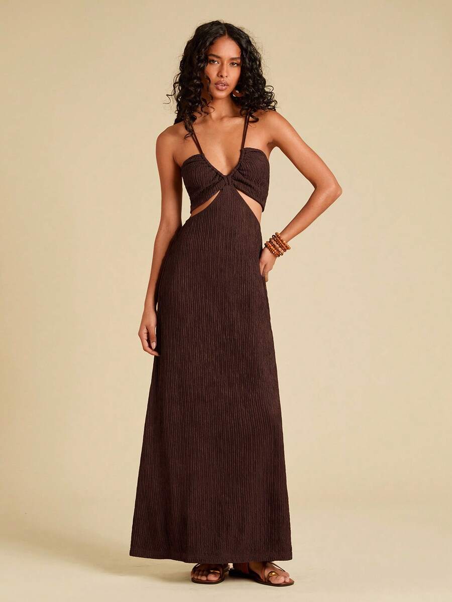 Travachic 女士度假纯色针织镂空露背修身连衣裙 - 咖啡棕 - 查看 1