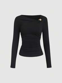 Elenzga Maglietta casual a maniche lunghe con colletto asimmetrico, taglie comode per donna - nero - Visualizzare 1