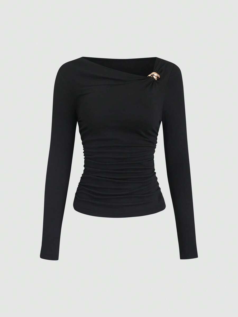 Elenzga Maglietta casual a maniche lunghe con colletto asimmetrico, taglie comode per donna - nero - Visualizzare 1