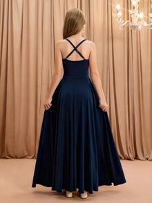Tween Girls' Elegant Fashion Luxurious Spaghetti Strap Criss-Cross Shoulder Sleeveless High Waist Cinched Waist Flared Hem Long Asymmetrical Hem Design Solid Satin Shiny Fabric High-End Christmas, Graduation, Party, Halloween Event Dress - Navy Blue - View 2