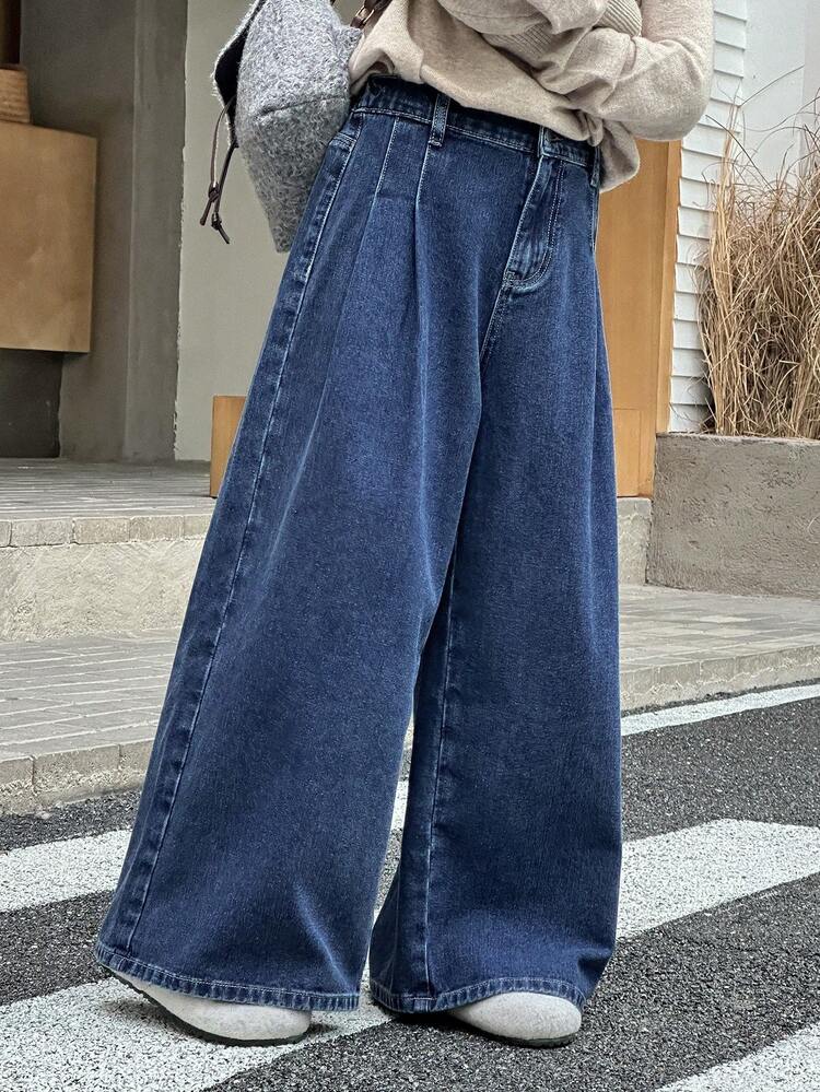 Tween Girls' Pleated Wide Leg Loose Casual Versatile Jeans