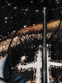 ROMWE MEN Street Life Men's Eye Minimalist Printed Long Sleeve Zip Up Hooded Sweatshirt, Fall Winter