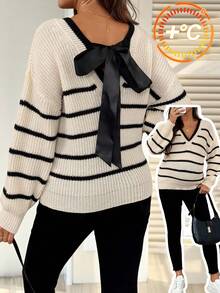 SHEIN Maternity Striped V-Neck Casual Fashionable Long Sleeve Pullover Sweater Jumper For Woman Women Sweater Knit Sweater Bow Sweater Cute Sweaters - Multicolor - View 1