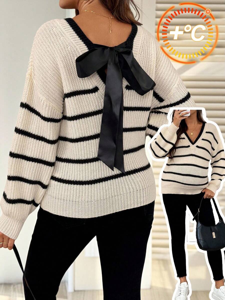 SHEIN Maternity Striped V-Neck Casual Fashionable Long Sleeve Pullover Sweater Jumper For Woman Women Sweater Knit Sweater Bow Sweater Cute Sweaters - Multicolor - View 1