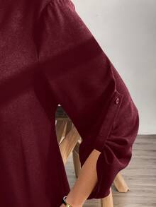 SHEIN Essnce 大码女装春秋季时尚休闲宽松舒适日常百搭修身可调节袖长紫红色连衣裙，秋季穿搭，女士黑色连衣裙，女士教堂着装，曲线可爱连衣裙，简约风格 - 酒紅色 - 查看 6