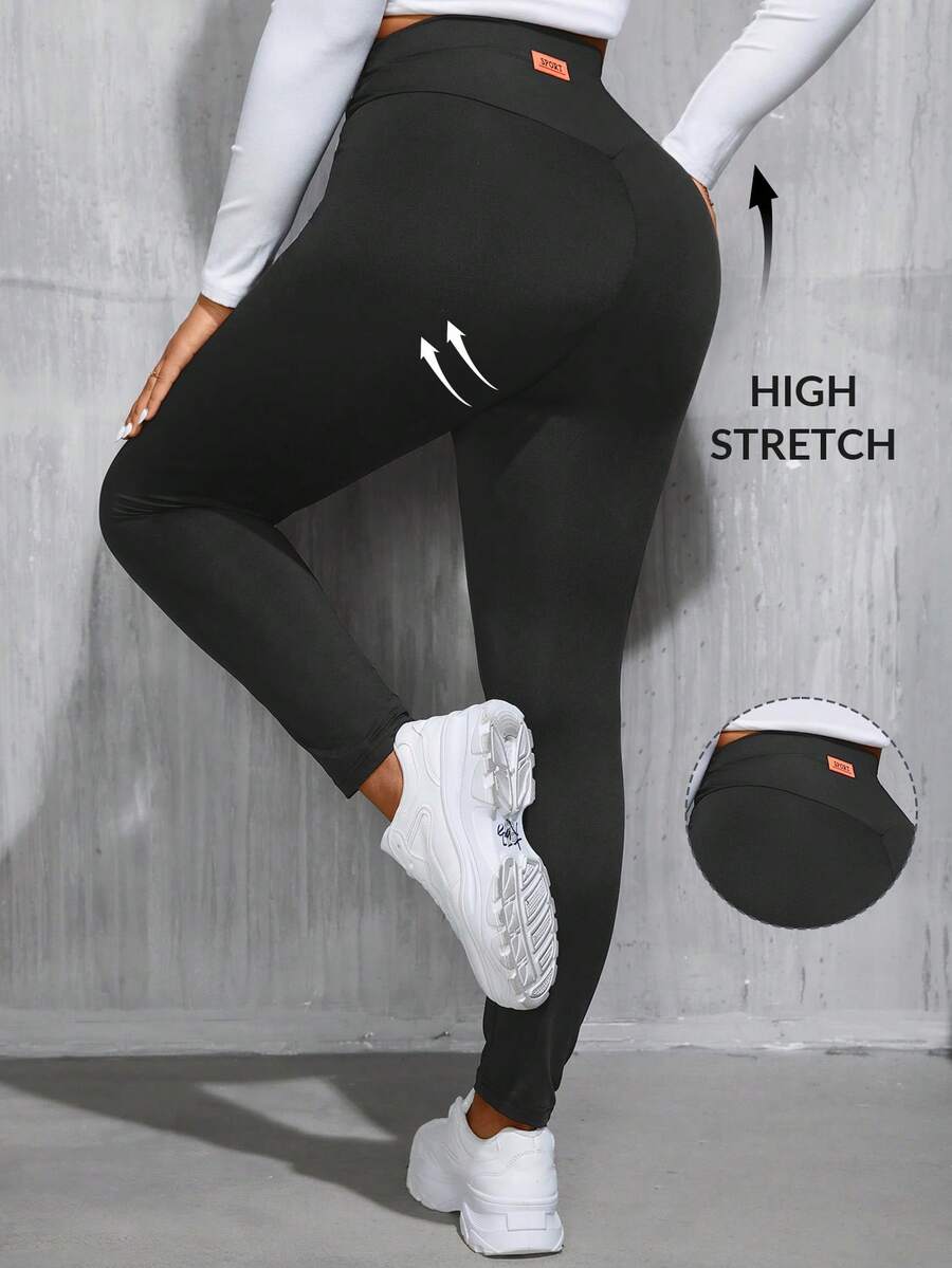 SHEIN Essnce Plus Size Women's Spring And Autumn Leisure Sports High Waist High Elastic Comfortable Black Slim Leggings,Women Bottom,Street Wear,Curve Pants,Basics Pants,Fall Outfits,Y2k Pants