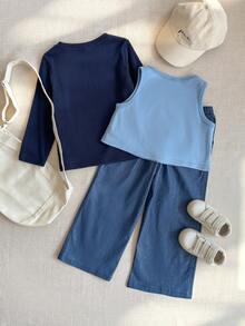 PrepCrw 三件套少女优雅都市学院风藏蓝色长袖针织上衣、蓝色背心和裤子套装，适合休闲外出、聚会、节日、派对、秋冬季穿着。 - 藍色 - 查看 3