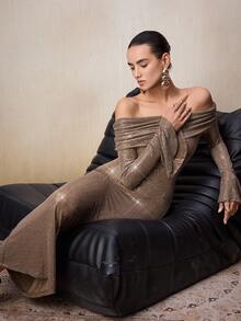 Modelyn 女士优雅褶裥露肩亮片喇叭袖连衣裙 - 棕色 - 查看 1