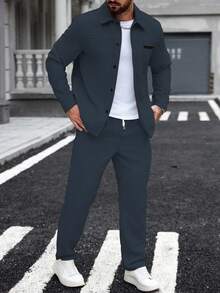 Manfinity Homme 男士灯芯绒套装，藏蓝色，常规长度，长袖翻领外套和裤子两件套，男士蓝色套装 - 藏蓝色 - 查看 4