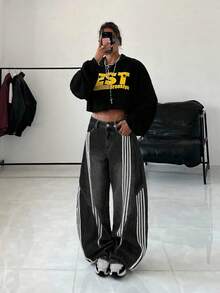 StreetHx 女士口袋条纹阔腿宽松休闲牛仔裤 - 黑色 - 查看 7