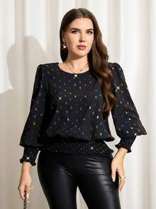 SHEIN LUNE Top con scollo rotondo e paillettes di taglia grande con maniche a lanterna metallizzate, top scintillante con paillettes, collezione di moda, top elegante, abbigliamento da donna per Capodanno e Natale, abbigliamento invernale da donna, abbigliamento formale da donna per San Valentino, top elegante da ufficio, top a pois. Adatto per uso quotidiano, adatto per pendolarismo, evento di festa elegante quotidiano, blusa casual con maniche a sbuffo di taglia grande Nuovo Anno Vacanze estive per donna San Valentino, Vacanze donna, blusa casual per donna, blusa elegante da donna, top da festa per donna Capodanno Capodanno Top da festa elegante per donna Abito elegante da donna Bluse eleganti da donna Blusa casual da donna estiva Vacanze Top a pois ID AI-Adha Top nero con paillettes Top nero da festa Top nero da donna Bluse Blusa con maniche a lanterna Top nero con strass