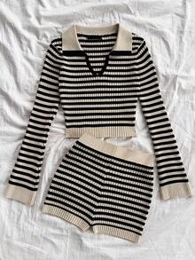 SHEIN 2pcs/Set Teen Girls Vacation Striped Sweater Top And Shorts Set, Collared Long Sleeve Pullover And Knitted Shorts Striped Two Piece Set Two Piece Knit Set Preppy Two Piece Set Striped Sweater Set Knit Two Piece Set,In Fall/Winter