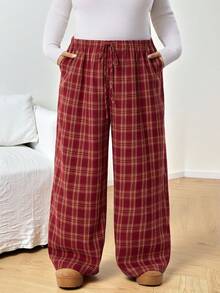 SHEIN CURVE+ Plus Size Women's Lace Up Checkered Straight Leg Loose Casual Pants, Red Checkered Christmas Pants Y2k Baggy