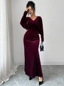 Lyxana Đầm dự tiệc sang trọng thu đông cổ điển tối giản cổ điển tay cánh dơi tay lỡ thắt eo viền đuôi cá xếp ly phía trước thắt nơ cổ thanh lịch kiểu Pháp công sở đi làm thường ngày cho nữ thích hợp cho Halloween, Giáng sinh, Lễ tạ ơn, Trà chiều, Năm mới - Màu Tím - Xem 3