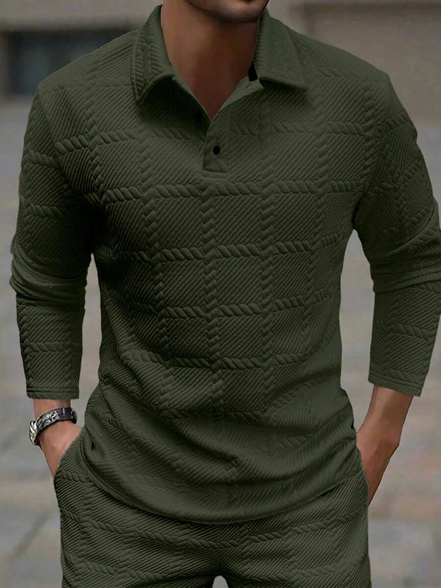 Manfinity Homme 男士提花面料纽扣门襟长袖 Polo 衫，春秋季，白色纽扣男士 Polo 衫，橄榄绿男士衬衫，男士 Polo 衫，男士休闲长袖衬衫，深绿色男士衬衫 - 軍綠色 - 查看 1