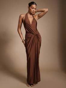 Hauture Women's Olive Green Satin Summer Night Out Front Cross Halter Long Dress - Brown - View 3