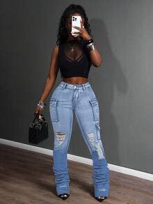 Slaydiva Jeans cargo de mujer de moda casual con pierna pitillo y tacón de plataforma - Lavado ligero - Ver 1