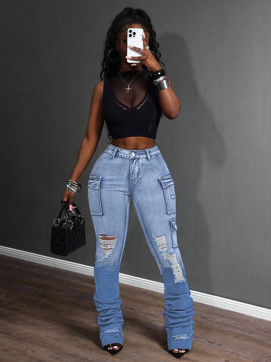 Slaydiva Jeans cargo de mujer de moda casual con pierna pitillo y tacón de plataforma - Lavado ligero - Ver 1