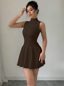 Elenzga 女士时尚休闲无袖褶皱针织连衣裙 - 咖啡棕 - 查看 6